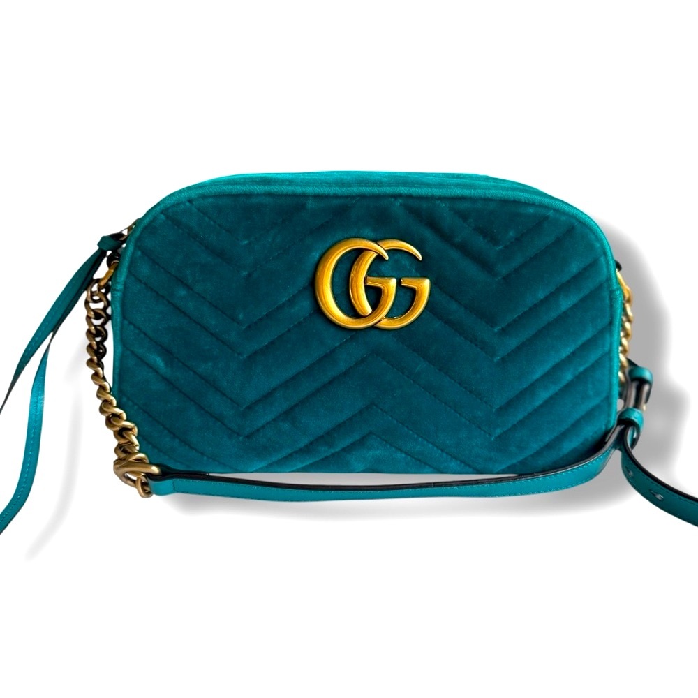 Gucci GG Marmont Small Velvet Shoulder Bag Teal Pavone Cyan Gold HW COA